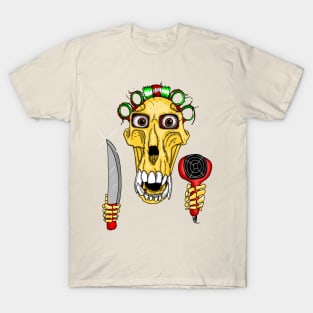 A baboon skull with curlers and hairdryer T-Shirt